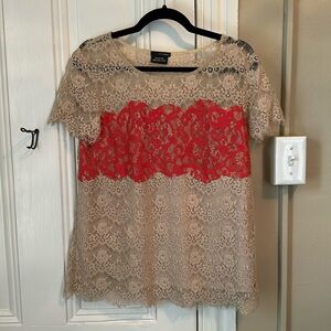 Anthropologie lace tee shirt with neon red/orange stripe, sheer back